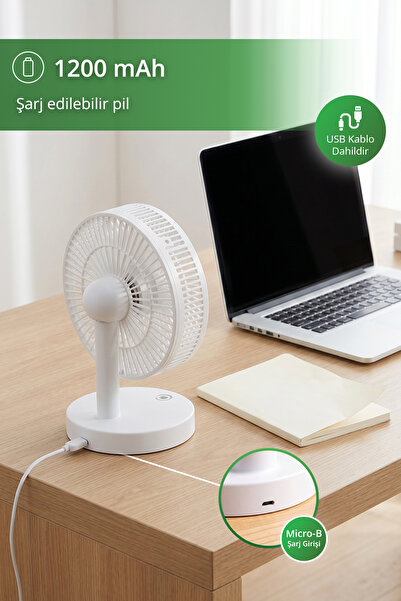 Kiwi Kfan-7607 Şarjlı Beyaz Ayarlanılabilir Mini Fan Masa Üstü Vantilatörü Usb Soğutucu Sessiz Fan