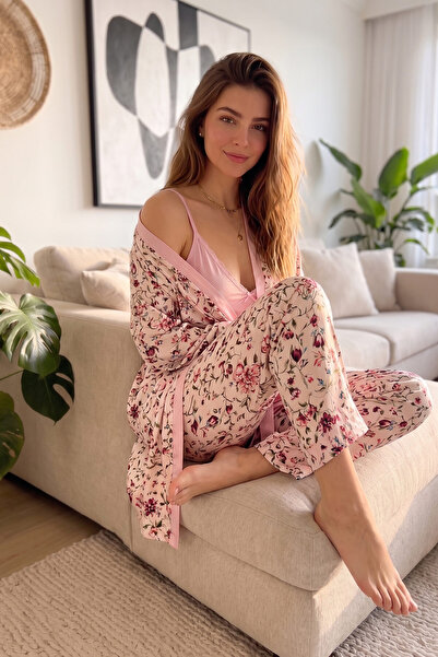 Pijamaevi Açık Pembe Flore Exclusive Örme Sabahlıklı Kadın Pijama Takımı