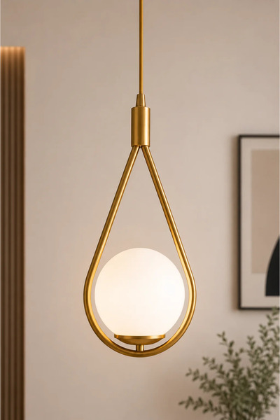 Lambadar Damla Model Gold Tekli Sarkıt Avize Opal Beyaz Cam E27 Modern Avize