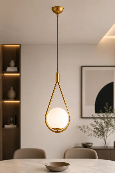 Lambadar Damla Model Gold Tekli Sarkıt Avize Opal Beyaz Cam E27 Modern Avize