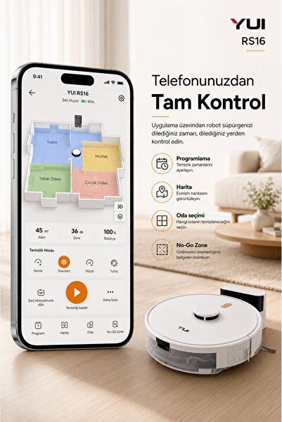 Yui RS16 15.000 Pa Akıllı Robot Vacuum & Mop Süpürge Beyaz (YUI TÜRKİYE GARANTİLİ)