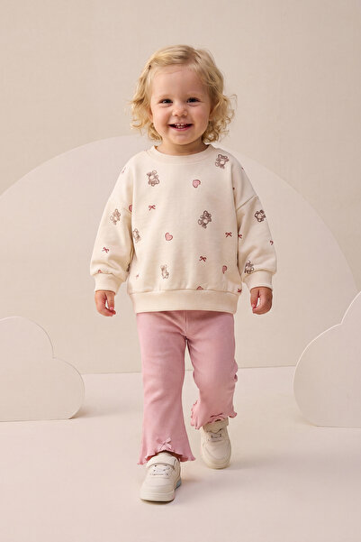 Minipodyum Baby Girl Top and Bottom Set with Teddy Bear Pattern and Bow, Ribb...