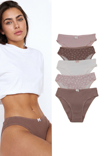 Trendyol Kollektion Rosa-Braun-Weiß 5er-Pack klassische Strickunterhosen aus ...