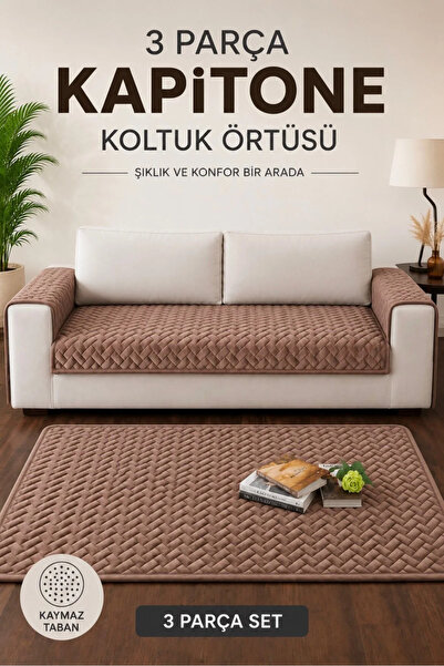 vivamia 3 Parça Kaymaz Taban Kapitone 3'lü Koltuk Örtüsü Çekyat Kanepe Seti 9...
