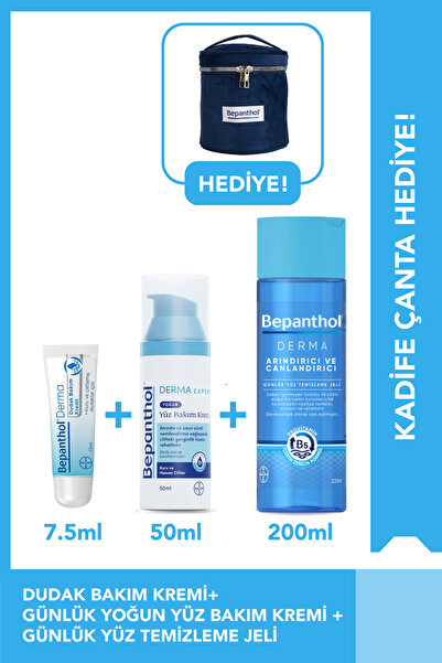 Bepanthol Gece Bakım Kremi 50ml + Temizleme Je 200ml +Dudak Kremi 7.5ml + Kad...