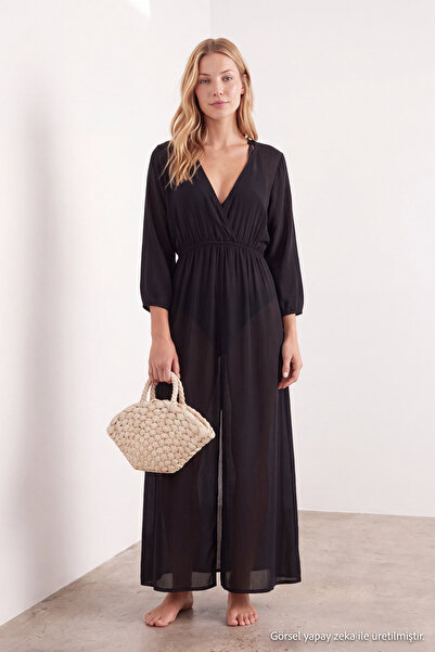 Trendyol Collection Rochie de plajă maxi neagră, țesută, cu șnur TBESS25EL00083