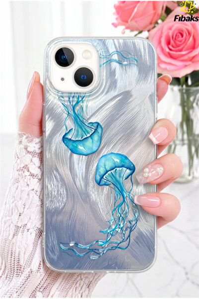 Fibaks iPhone 13/14/15 Kılıf Hologramlı Mavi Deniz Anası Desenli Darbe Emici ...