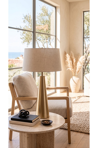 Vinner Belfort Luxury Bronze Ahşap Abajur – Keten Şapkalı Modern Masa Lambası...