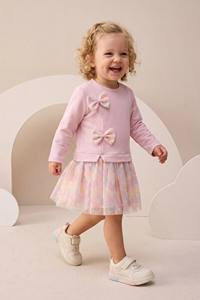 Minipodyum Girl's Dress with Tulle, Heart Pattern and Bow Detail