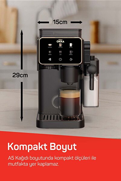 Arzum OK0047 Okka Barista Compact Otomatik Espresso Makinesi,Süt Hazneli,7Farklı İçecek,15Bar Basınç,Bakır