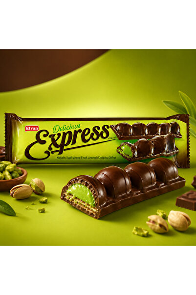 Elvan Express Antep Fıstık Aromalı Dolgulu Gofret 30 Gr. 24 Adet (1 Kutu)