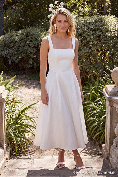 Trendyol Kollektion Weißes, gewebtes Satin-Abendkleid in A-Linie, stilvolles ...