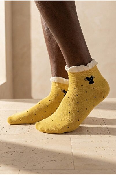 Katia&Bony Women's Cat Patterned Yellow Step Socks