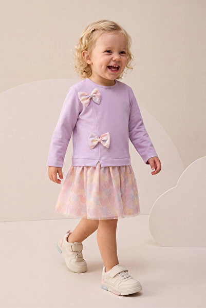 Minipodyum Girl's Dress with Tulle, Heart Pattern and Bow Detail