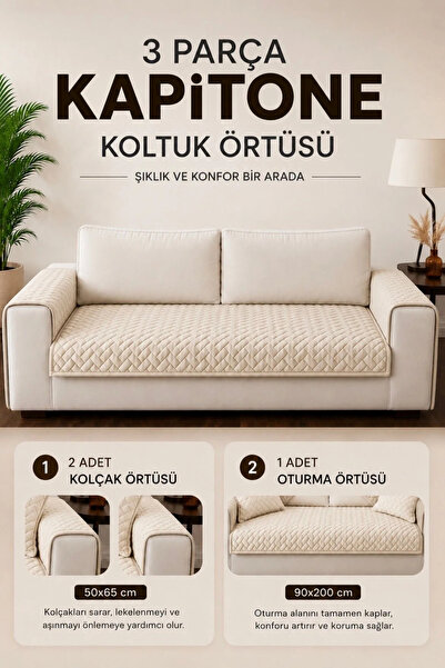 vivamia 3 Parça Kaymaz Taban Kapitone 3'lü Koltuk Örtüsü Çekyat Kanepe Seti 90x200