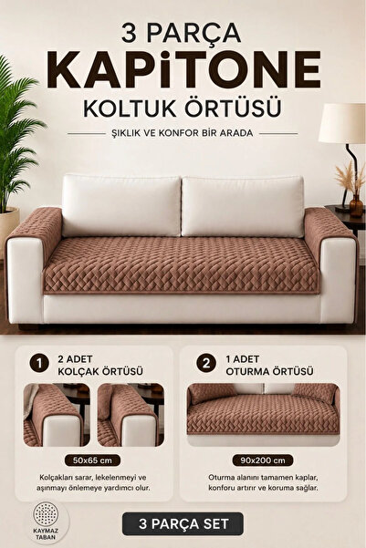 vivamia 3 Parça Kaymaz Taban Kapitone 3'lü Koltuk Örtüsü Çekyat Kanepe Seti 90x200