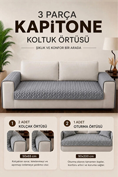 vivamia 3 Parça Kaymaz Taban Kapitone 3'lü Koltuk Örtüsü Çekyat Kanepe Seti 90x200