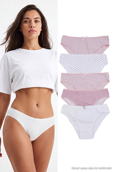 Trendyol Collection Pink-Multicolor Cotton 5-Piece Polka Dot Ribbed Classic K...