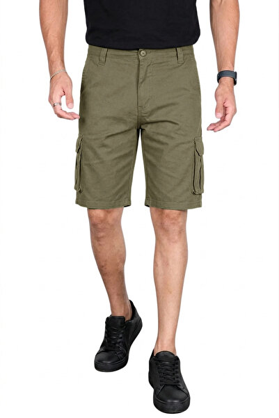 DeepSEA Men's Khaki Lycra Gabardine Modern Fit Cargo Capri Shorts–Multi-Pocke...