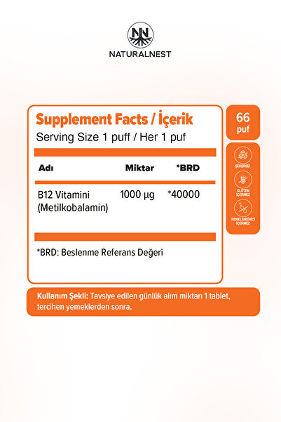 Naturalnest B12 Dilaltı Sprey 1000 mcg 10 ml 66 Puf