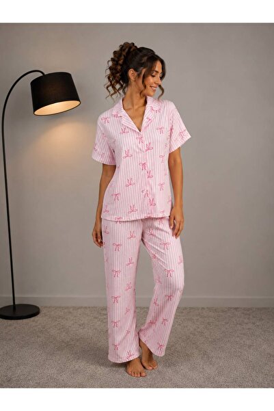 BELLA NOTTE Set de pijamale de vară roz, moale, cu fundițe și model.