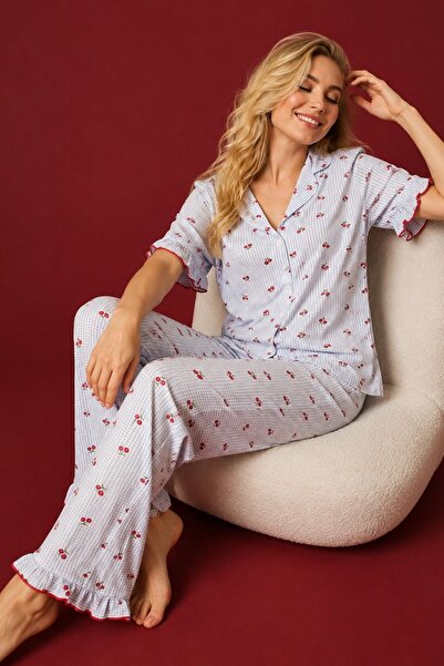 BELLA NOTTE Mavi Soft Kiraz Desenli Kısa Kollu Yazlık Pijama Takımı