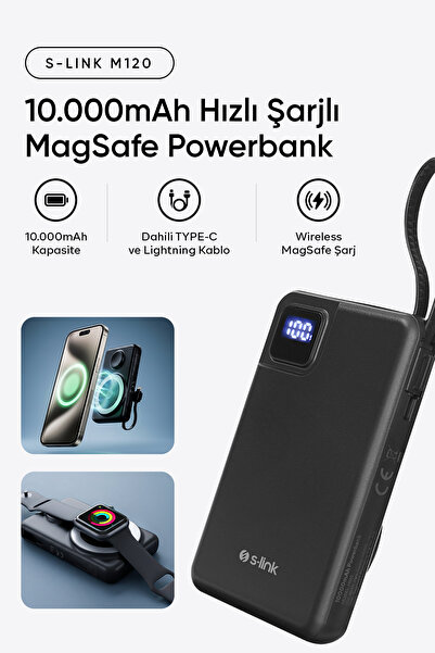 S-LINK M120 10000mAh PD20W + QC3.0 18W 15W Magsafe + Watch Siyah LCD Taşınabi...