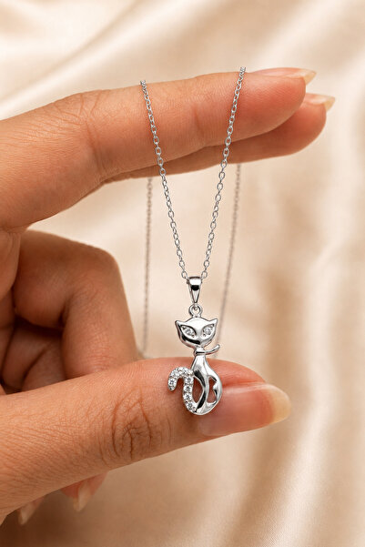 Söğütlü Silver Gümüş Rodyumlu Zirkon Taşlı Kedi Kolye