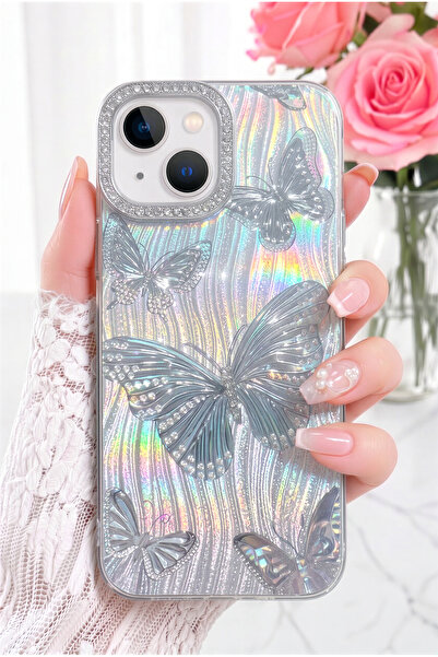 Fibaks iPhone 13/14/15 Kılıf Hologramlı Taşlı Simli Kelebek Desenli Darbe Emi...