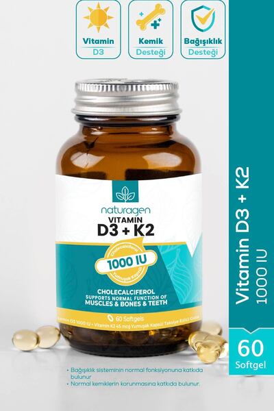 Naturagen Vitamin D3 + K2 1000 IU 60 Softgel Kapsül | Gluten Free | Takviye E...