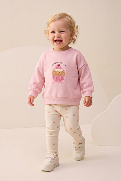 Minipodyum Baby Girl Top and Bottom Set with Cake Embroidery and Patterned Ri...
