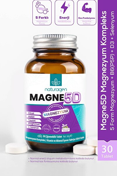 Naturagen Magne 5D Magnezyum Kompleksi 200mg 30 Çiğnenebilir Tablet | P5P, D3...