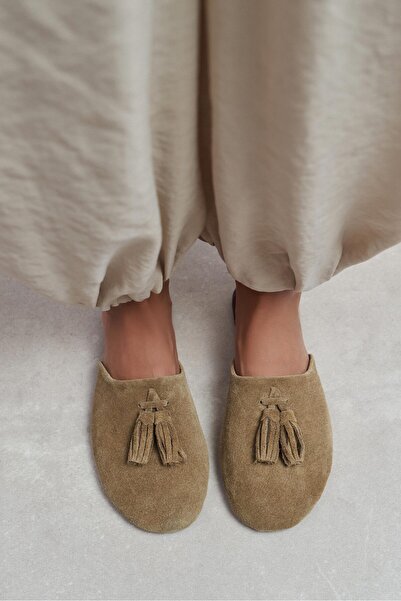 NİŞANTAŞI SHOES Nella Rome Beige Genuine Suede Leather Tassel Detail Flat Sol...