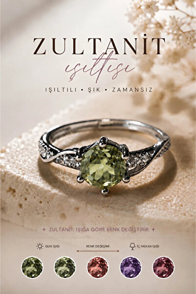 Yudi Atelier Zultanit Renk Değiştiren Doğal Taş Yüzük - Ayarlanabilir Damla K...