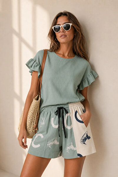 Olalook Tricou cu mânecă verde apă pentru femei TSH- 19000417