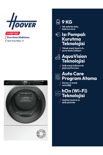 Hoover NDP 9N2TBES-17 9 kg Wi-Fi Bağlantılı Isı Pompalı Kurutma Makinesi