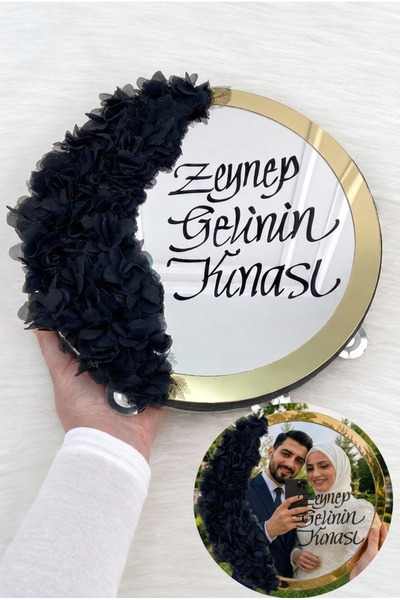 ZEYMERADE Siyah Aynalı Gelin Tefi 30cm, Kaligrafi Yazılı Ve Lazer Çiçek Süsle...