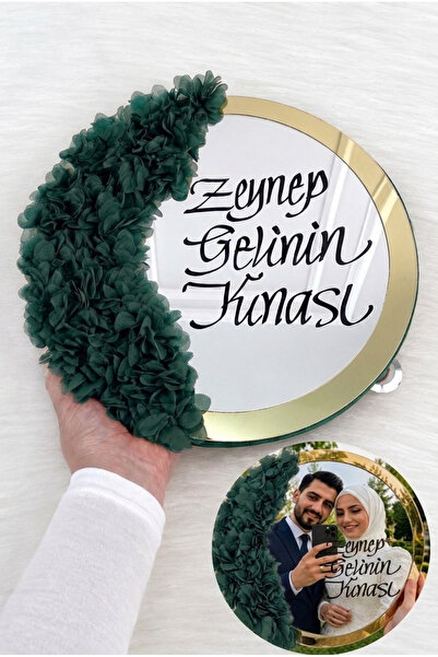 ZEYMERADE Zümrüt Yeşili Aynalı Gelin Tefi 30cm, Kaligrafi Yazılı Ve Lazer Çiç...