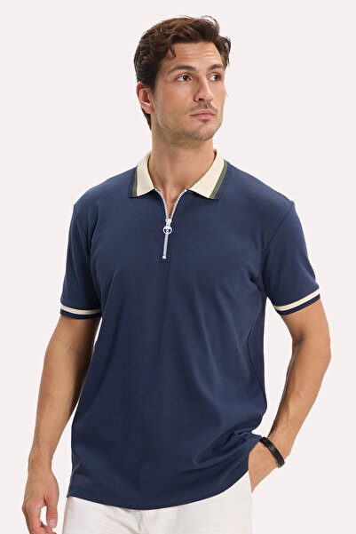 Tudors Erkek Slim Fit Dar Kesim %100 Pamuk Kısa Kollu Yarım Fermuarlı Laciver...