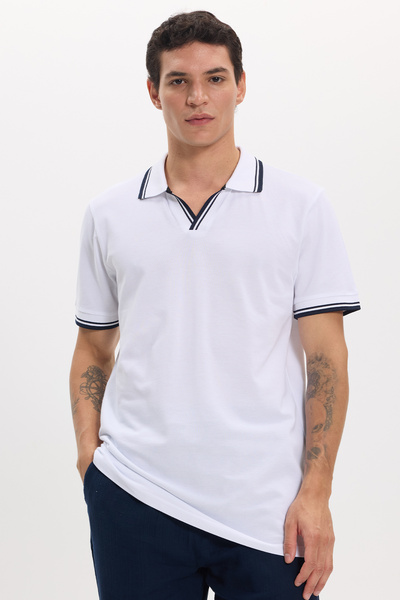 Tudors Erkek Slim Fit Dar Kesim %100 Pamuklu Çizgili Detaylı V Yaka Beyaz Pol...