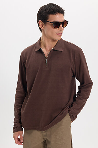 Tudors Men's Standard Fit Regular Cut Cotton Long Sleeve Zippered Brown Polo ...