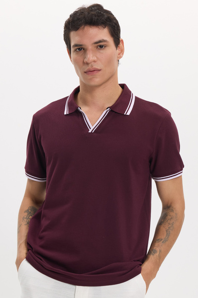 Tudors Erkek Slim Fit Dar Kesim %100 Pamuklu Çizgili Detaylı V Yaka Bordo Pol...