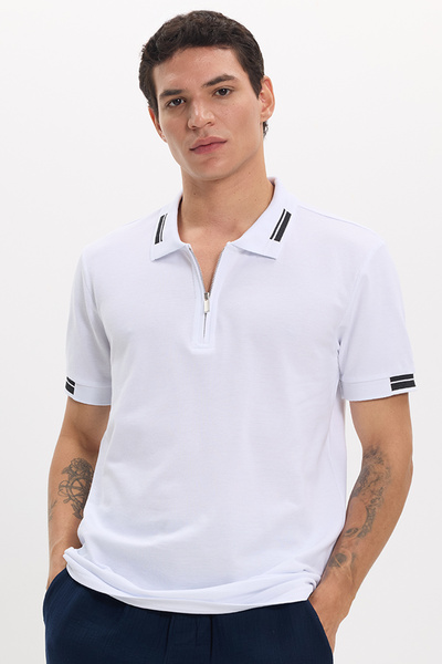 Tudors Erkek Slim Fit Dar Kesim %100 Pamuk Kısa Kollu Fermuarlı Beyaz Polo Ya...