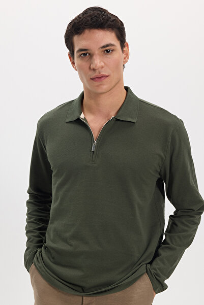 Tudors Men's Standard Fit Regular Cut Cotton Long Sleeve Zippered Khaki Polo ...