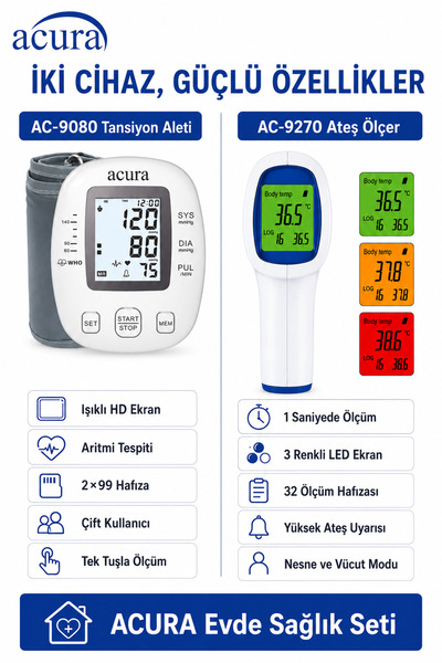 Acura Evde Sağlık Seti, AC-9080 Koldan Tansiyon Aleti + AC-9270 Temassız Ateş Ölçer