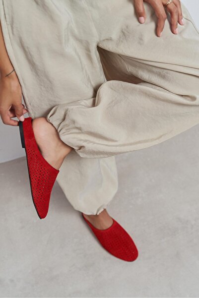 NİŞANTAŞI SHOES Palya Red Suede Studded Genuine Leather Flat Sole Women's Sli...