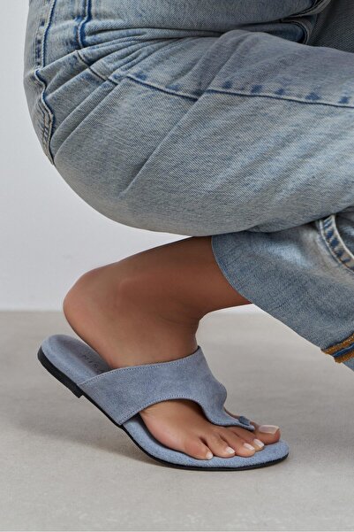 NİŞANTAŞI SHOES Almira Bebe Mavi Süet Deri Düz Taban Kadın Parmak Arası Terlik