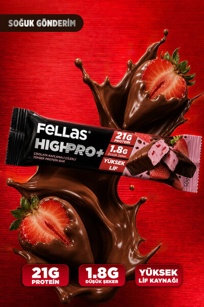 Fellas Çikolata Kaplı HighPro+ Protein Bar - Çilekli (50 g) - 12 Adet