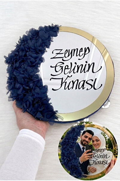 ZEYMERADE Lacivert Aynalı Gelin Tefi 30cm, Kaligrafi Yazılı Ve Lazer Çiçek Sü...