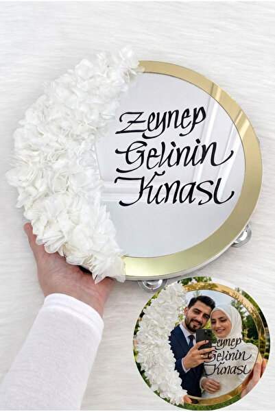 ZEYMERADE Beyaz Aynalı Gelin Tefi 30cm, Kaligrafi Yazılı Ve Lazer Çiçek Süsle...